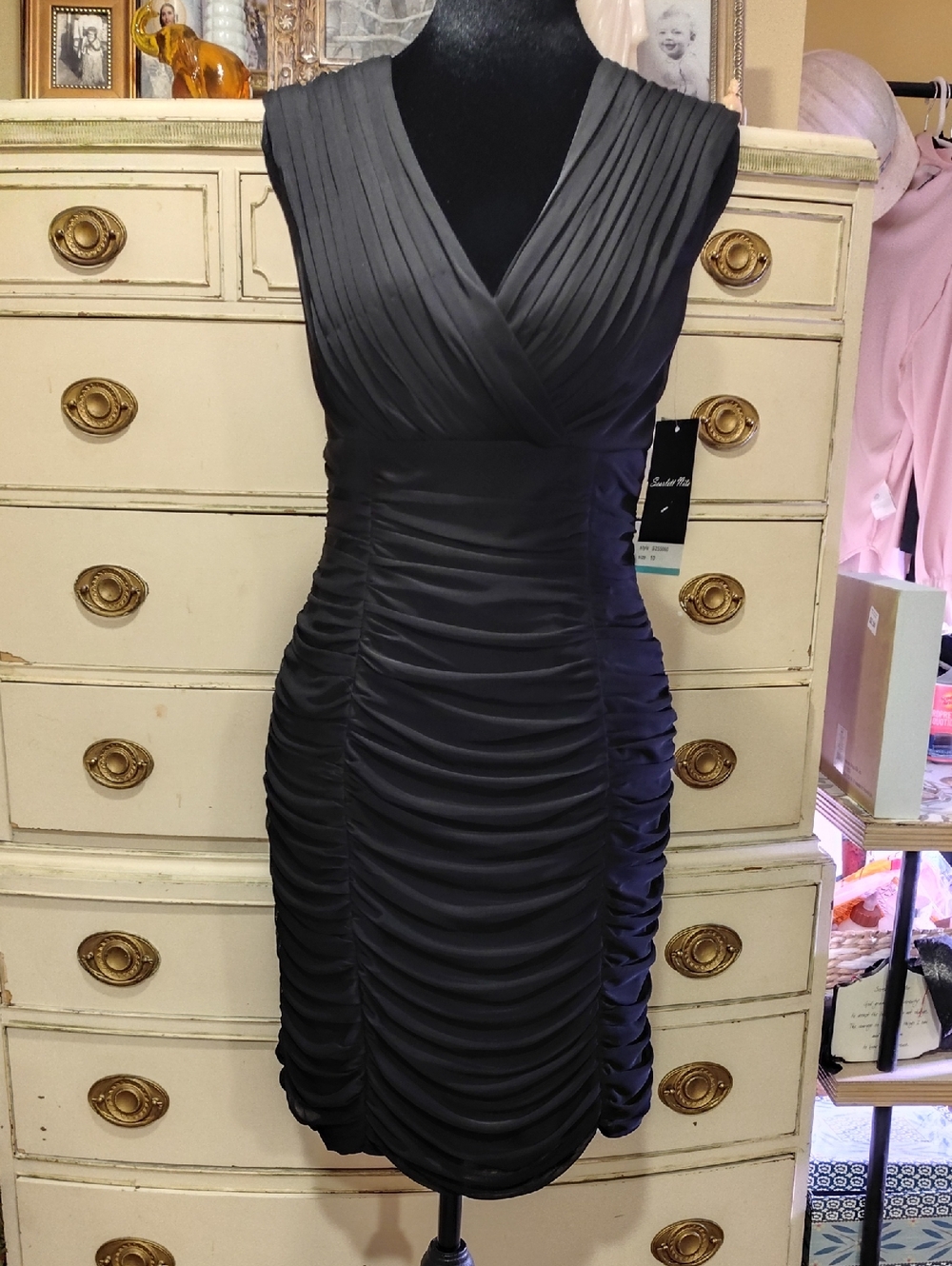 Ruched V-Neck Midi Dress in Black